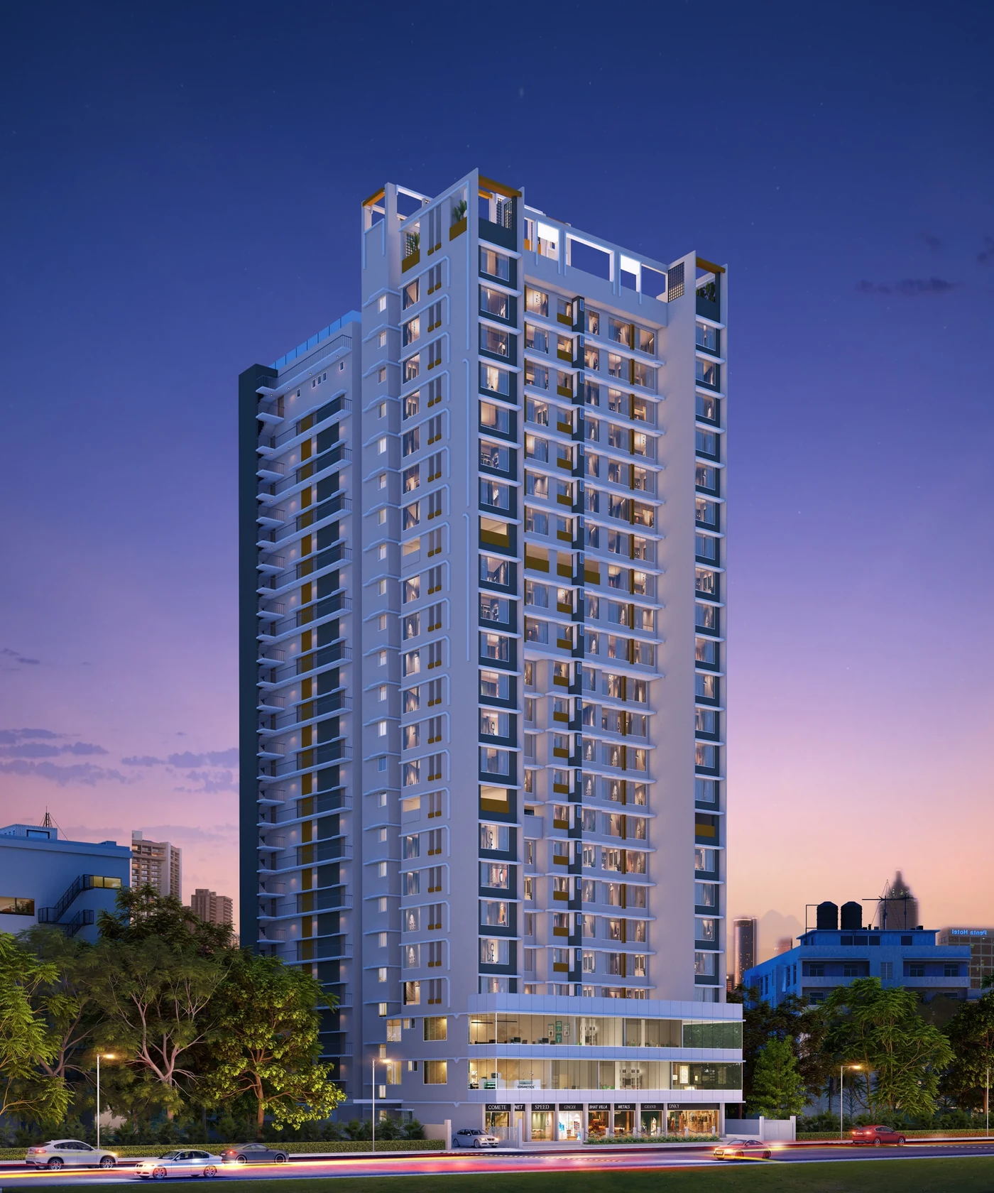 Divya Jyot Rewa Estate architectural rendering at dusk