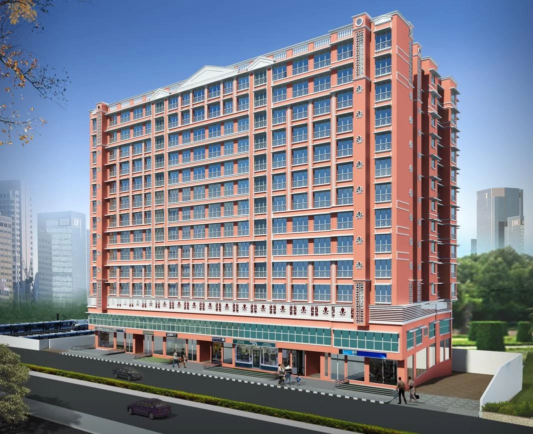 Neelyog Group architectural rendering of a residential building above a commercial podium